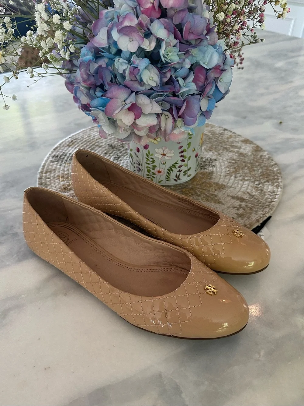 Tory Burch Beige Quilted Patent Leather Ballet Flats